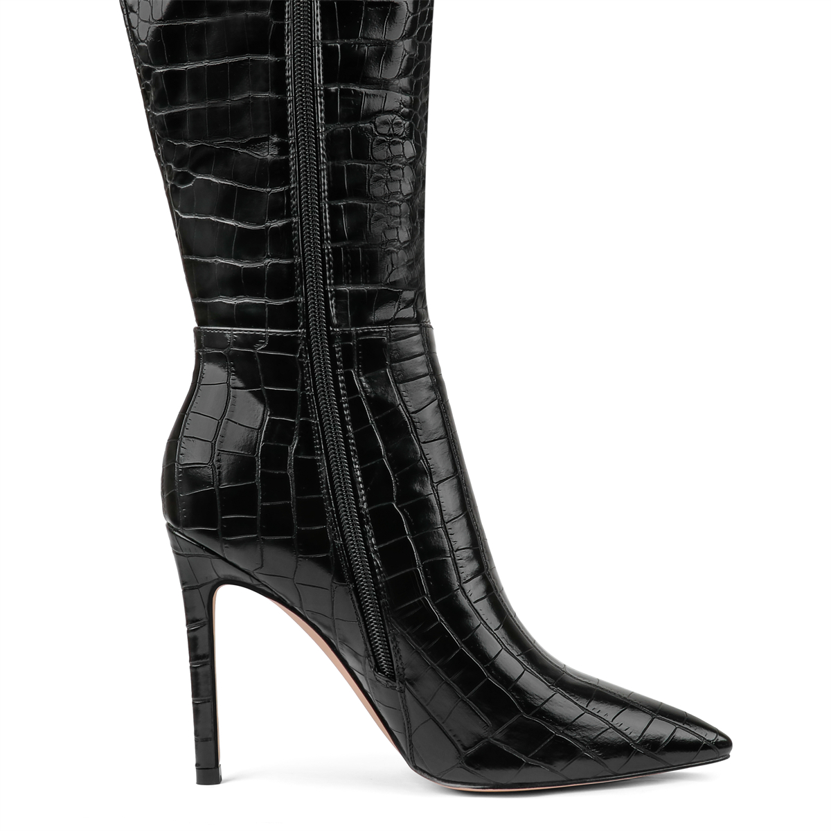 100mm Fashion Zipper Leather High Heels Knee Boots-MERUMOTE