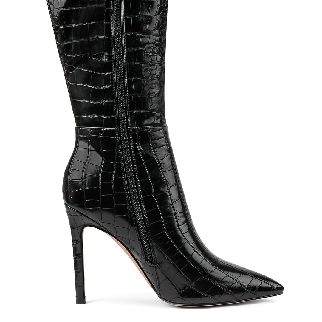 100mm Fashion Zipper Leather High Heels Knee Boots-MERUMOTE