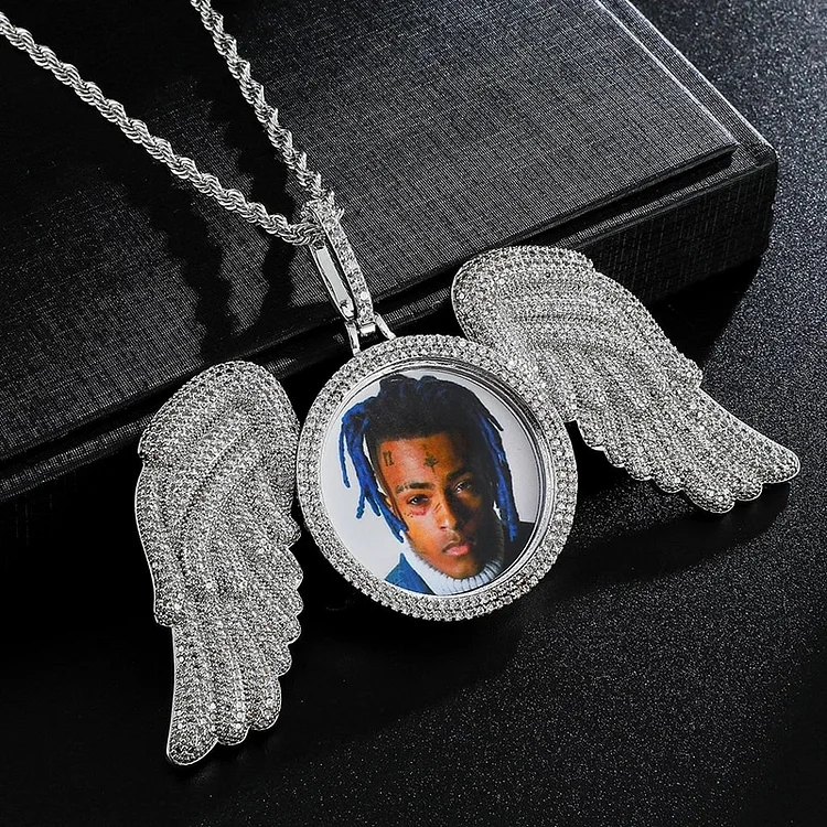 Custom Photo Iced Out Big Angel Wings Pendant Necklace-VESSFUL