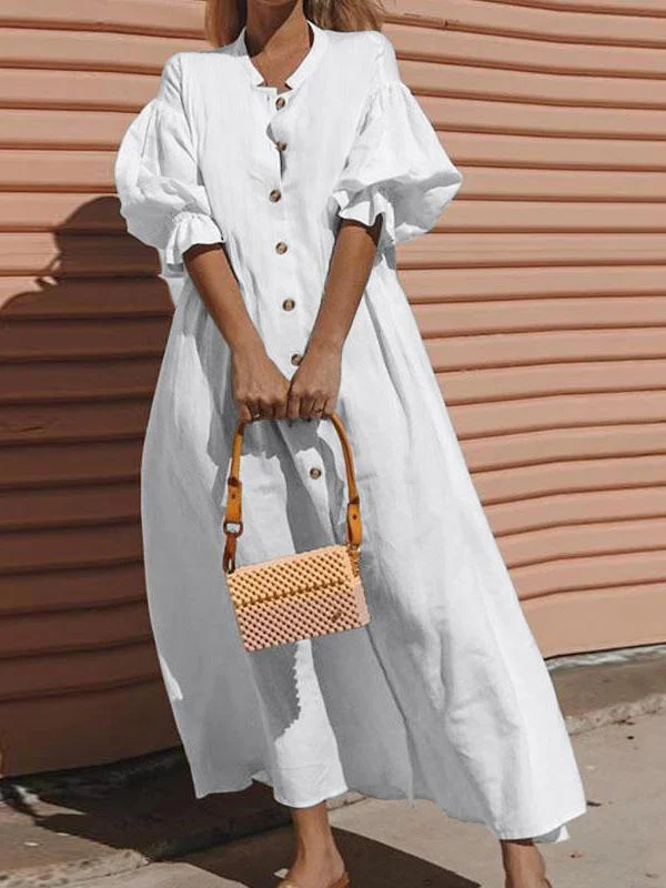 Flax Cotton Loose Half Sleeves Midi Dresses