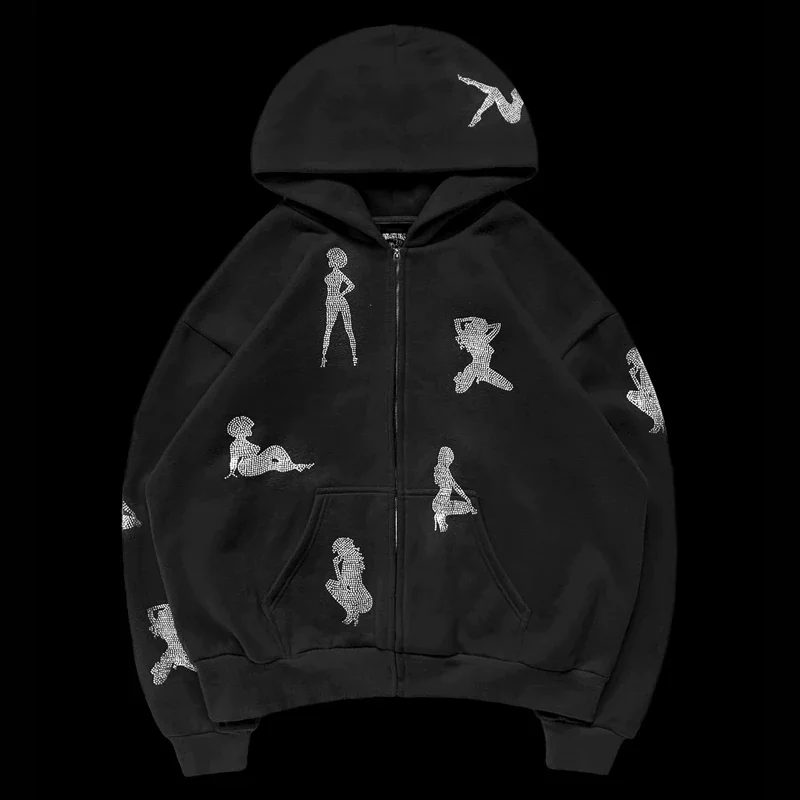 Jangj 2000s Gothic Y2K Rhinestone Graphic Jacket  Zip-up Hoodie Korean Streetwear Grunge Hip Hop Long Sleeve Top Sweatshirt Outerwear