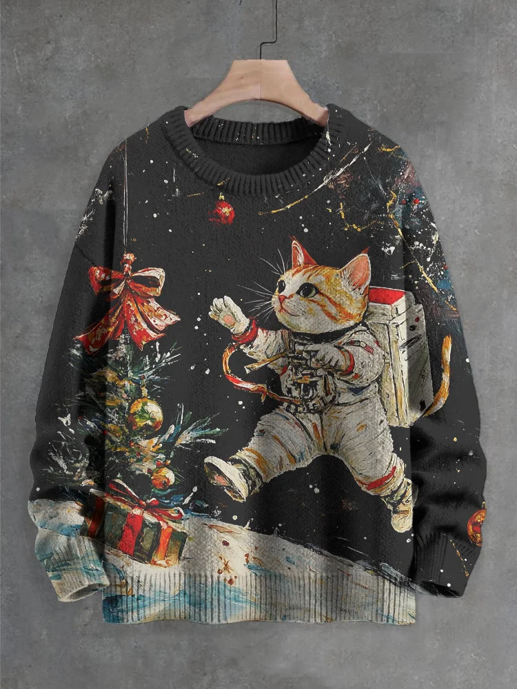 Men's Outer Space Cat Christmas Tree Art Print Knit Sweatshirt