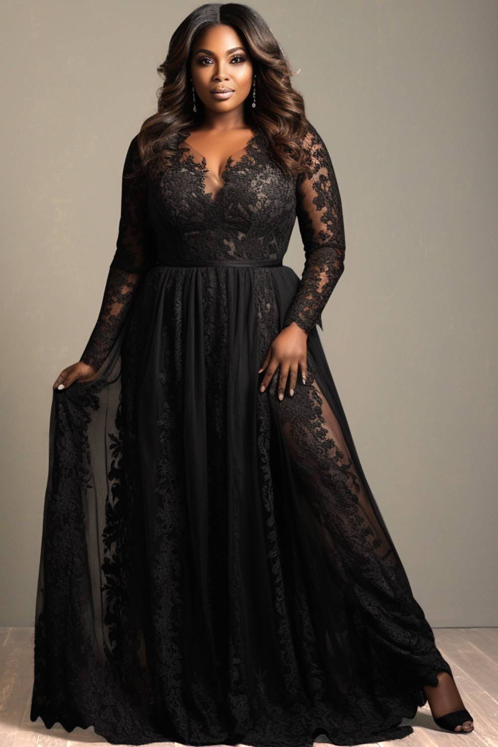 Design Plus Size Semi Formal Elegant Black V Neck Long Sleeve See Through Lace Maxi Dresses [Pre-Order]