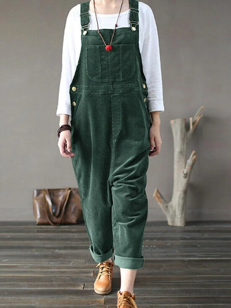 Corduroy solid color casual long bib pants-Mayoulove