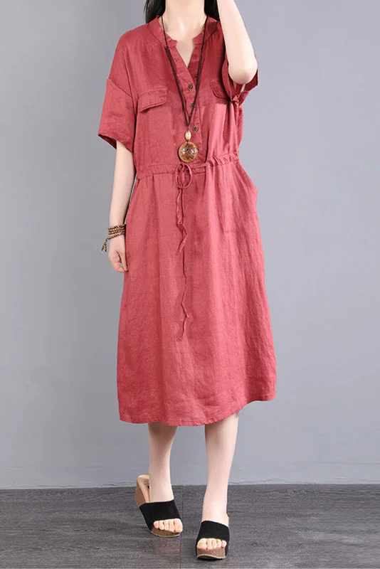Plus Size-Summer Short Sleeve Linen Frenulum Dress Solid Cotton Linen Long Dress