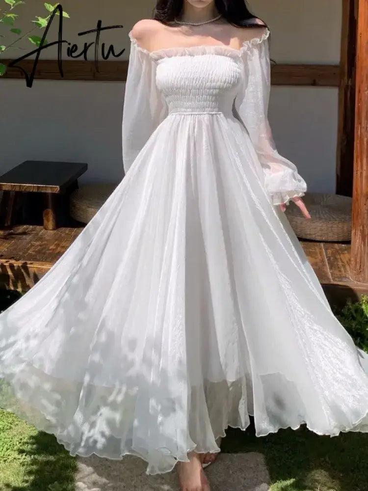 Aiertu Elegant Maxi Dresses For Women White Off Shoulder Puff Long Sleeve Elastic High Waist Party Gown Ruffle Holiday Dress Aiertu