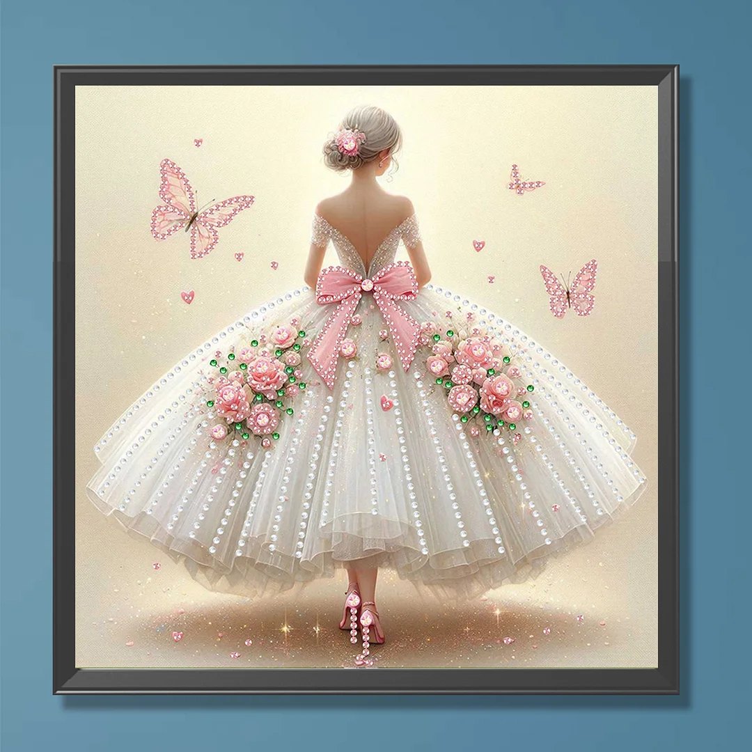 Diamond Painting - Partial Special Shaped Drill - Pink Butterfly Gown(Canvas|30x30cm)