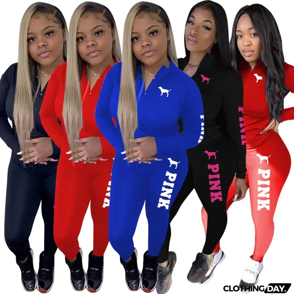 Spring Blue Print Tight Hoody Two Piece Pant Set Tracksuit