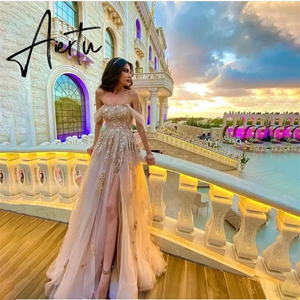 Aiertu  Appliques Net Prom Dress Side Split Celebrity Dresses Off the Shoulder Women's Glitter Evening Dresses Formal Gown Aiertu