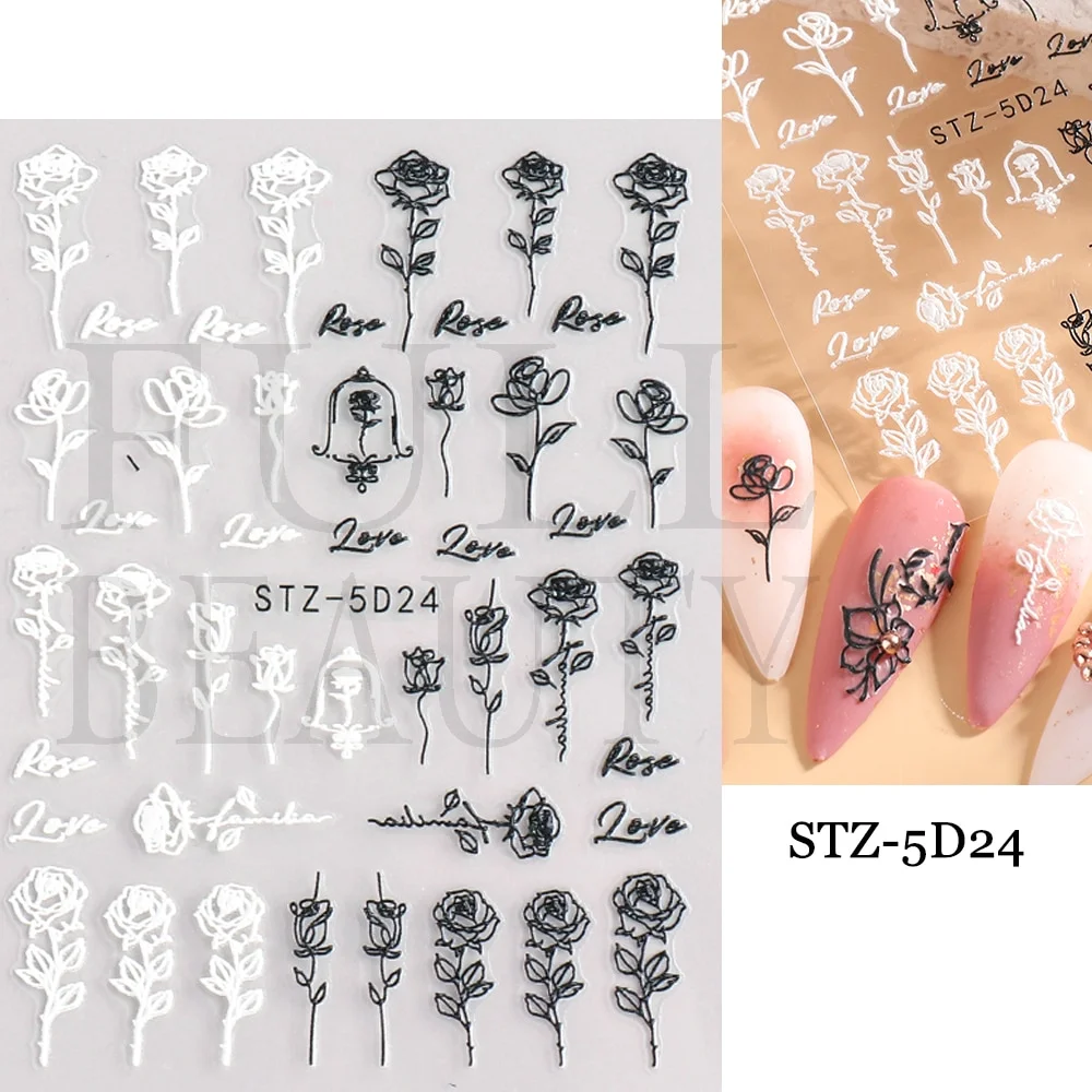 Churchf Nail Stickers Flowers Geometric Lines Decor Acrylic Embossed Sliders Gold Frame Nail Decals Cherry Blossom Manicure GLJI-5D05-Nail Inspo