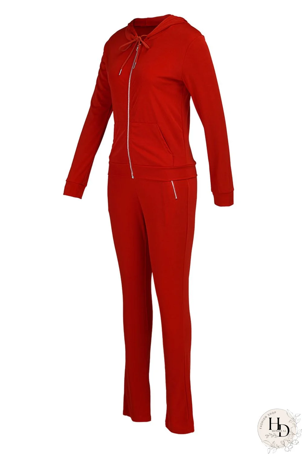 Red Casual Solid Split Joint Zipper Hooded Collar Long Sleeve Two Pieces
