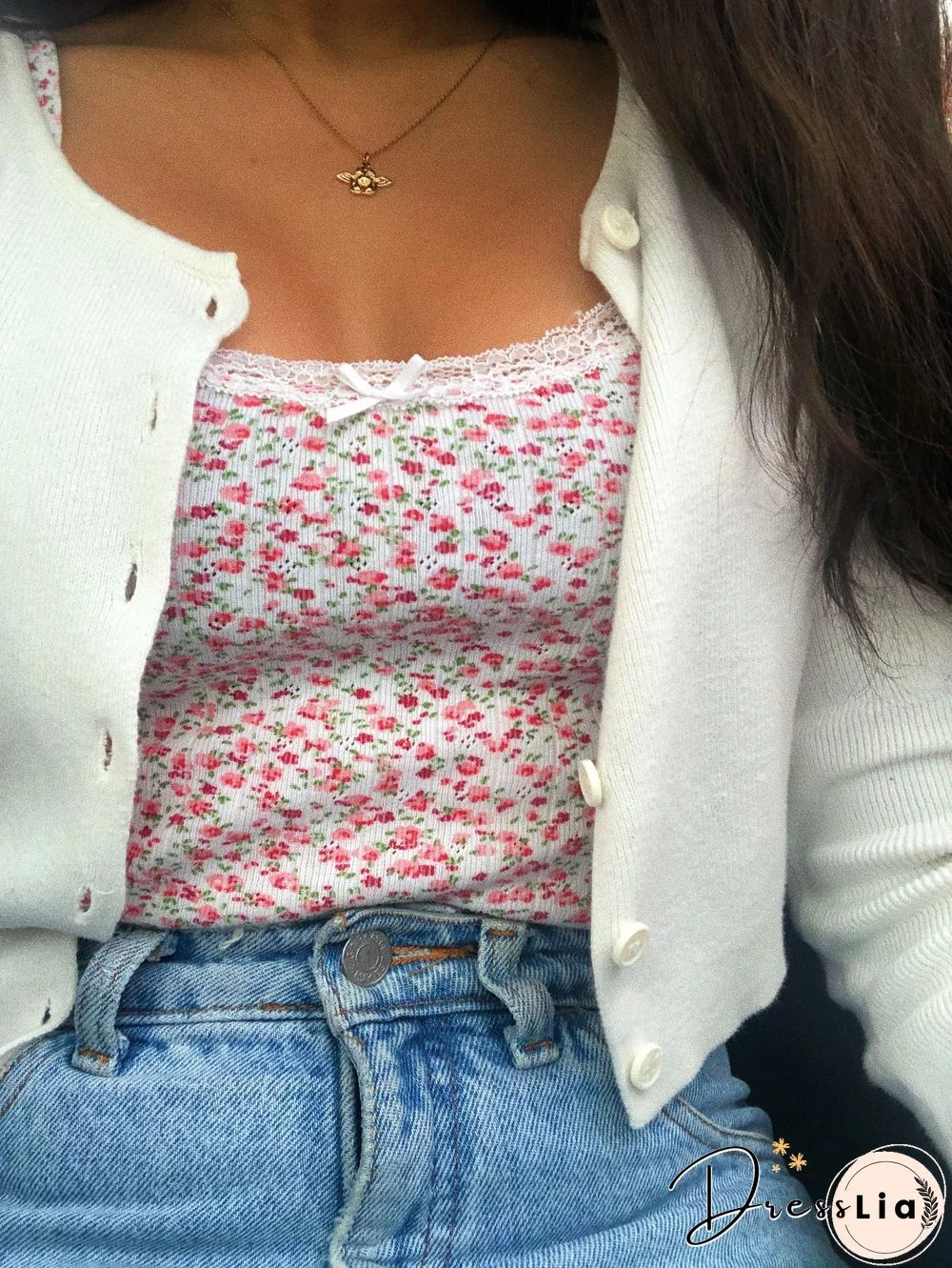 Ribbed Knit Flower Prints Cropped Cami Tops Lace Trim Tank