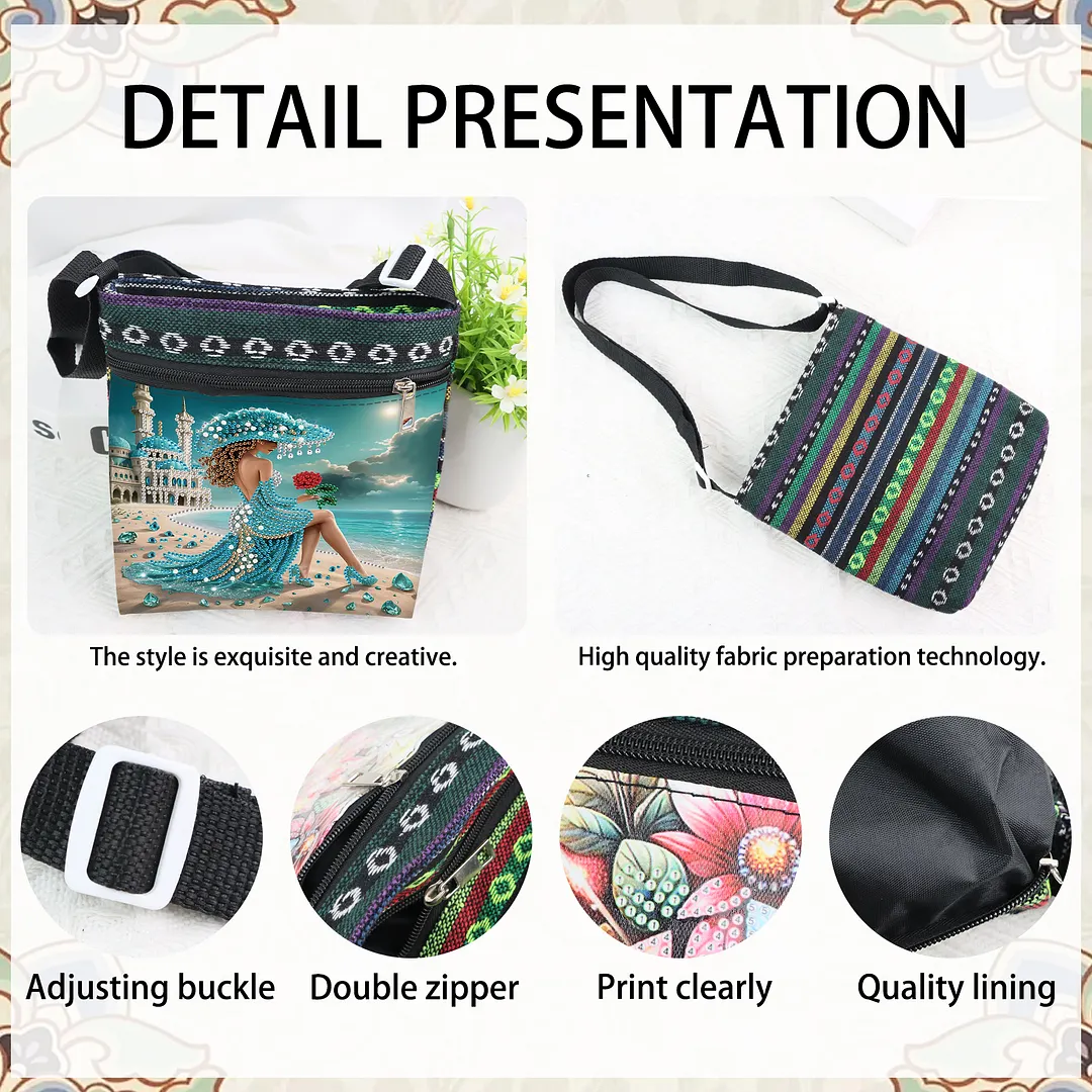 Beach Lady DIY Canvas Diamond Art Painting Crossbody Bag Ethnic Style Crystal Rhinestone Art Handbag with Adjustable Strap for Adults Beginners Shopping Gift