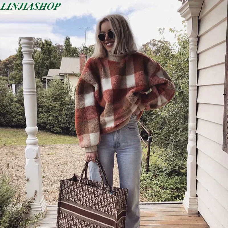 Casual lamb wool plaid christmas sweater women pollovers loose female autumn winter loose lady coat