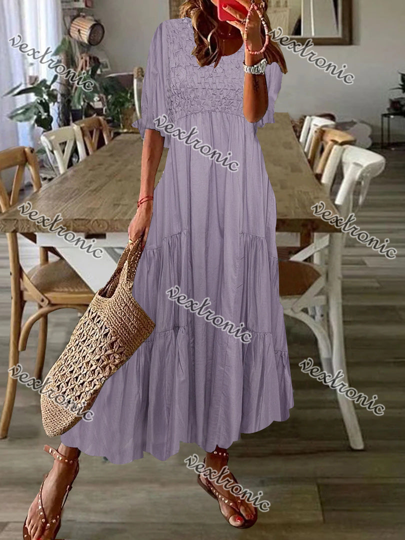 Women's Purple Scoop Neck Half Sleeve Printed Pockets Maxi Dress