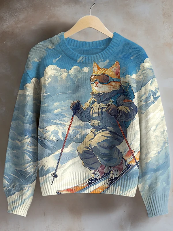 Women's Cat Snow Mountain Skiing Art Print Knit Sweatshirt