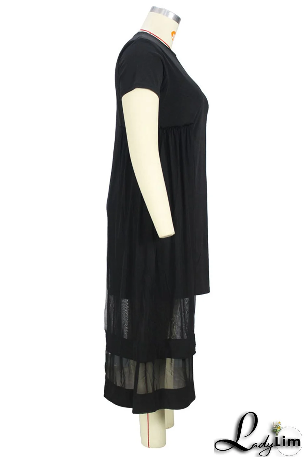 Black Solid Patchwork O Neck One Step Skirt Plus Size Dresses