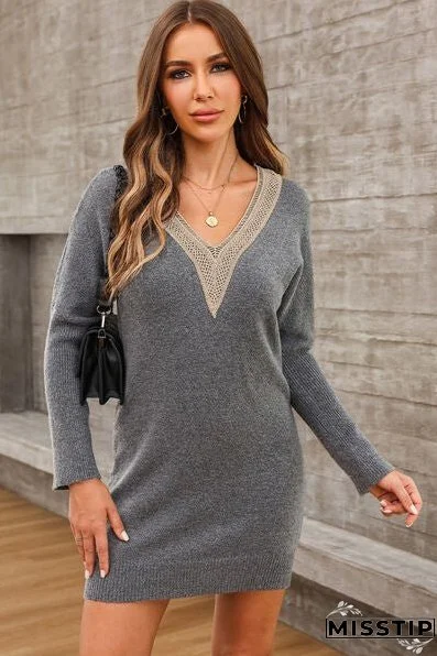 V-Neck Long Sleeve Mini Sweater Dress
