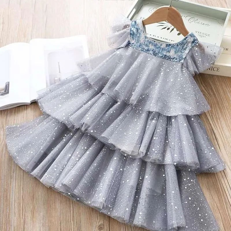 3-8 Year Girls Princess Dress For Kids Summer Fairy Puff Short Sleeve Elegant Birthday Party Ball Gown Children Sundress Clothes