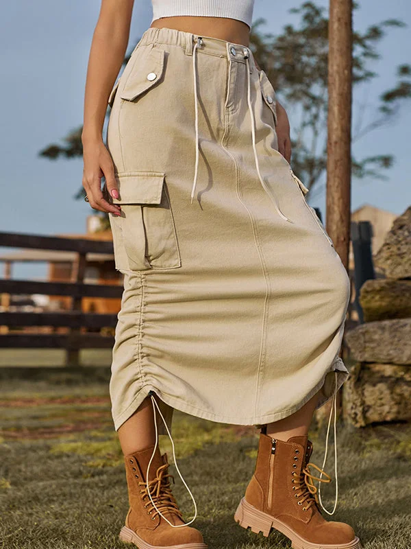 Street Khaki Pockets Elasticity Drawstring Side Split-Back A-Line Skirt