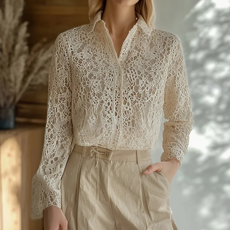 Lunivibe Elegant Lace Embroidery Art Long Sleeve Shirt