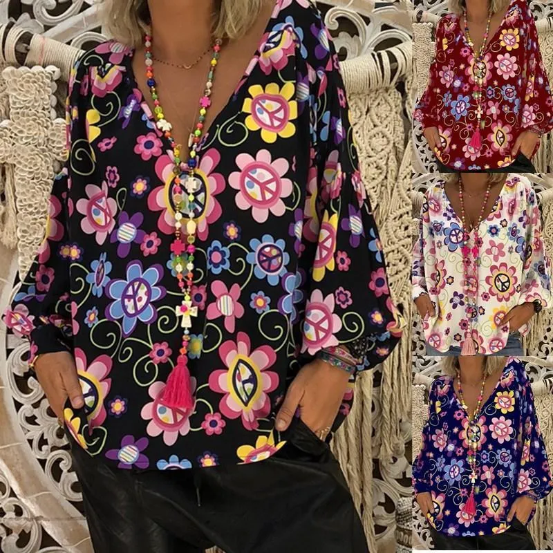 Women Loose Slim V-neck Print Puff Sleeve Long Sleeve T-shirt Tops