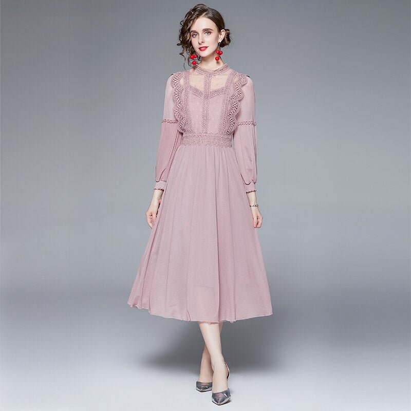2021 French Autumn Women Long Fairy Dress Elegant Pink Lace Splicing High Waist Long Party Dress Vestidos De Mujer
