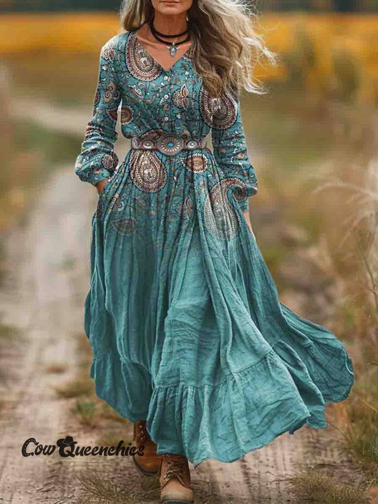 Women’s Turquoise Bohemian Paisley Print Pocket Cotton Dress Multicolor / S