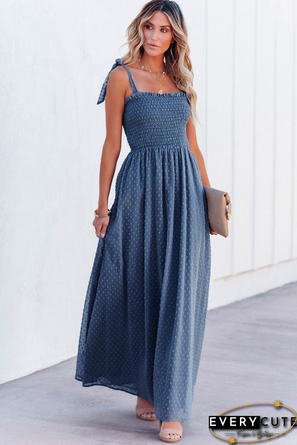 Sky Blue Smocked Swiss Dot Maxi Dress