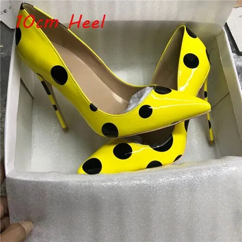 VCshoes Yellow With Black Dot 12cm High Heel Stiletto Shallow Pointed Toe Shoes Party Nightclub Women's Shoes QP071