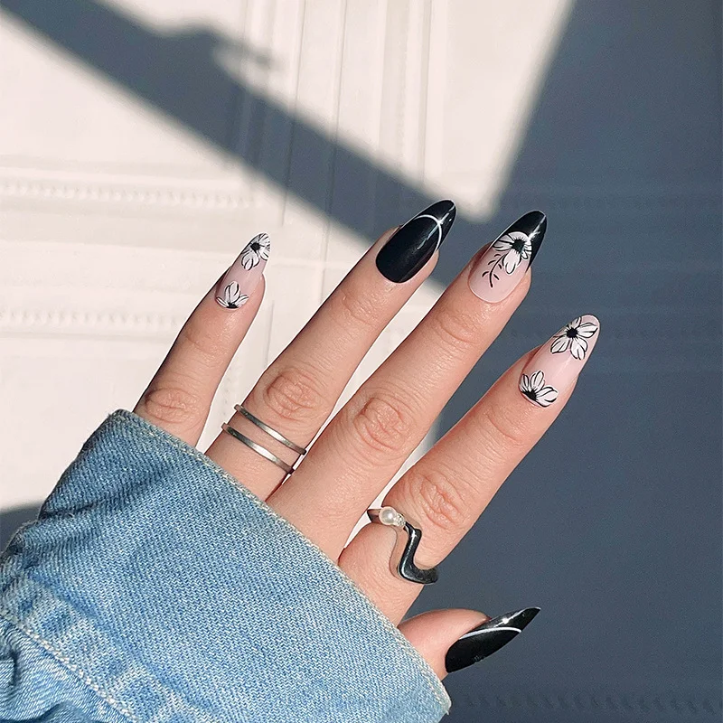 Simple Flower Print French Style Press On Nails with Jelly Double Sided Nail Adhesives 24 pcs