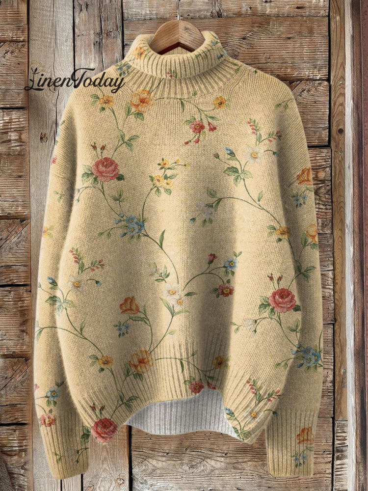 Vintage Lovely Floral Art Print Knit Turtleneck Pullover Sweater Multicolor / S