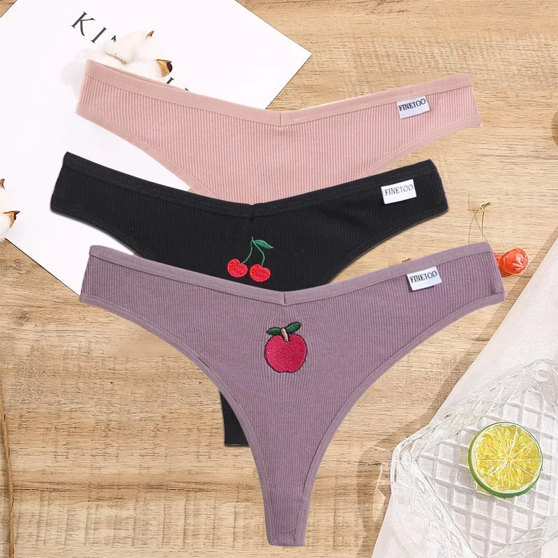 FINETOO 2/3PCS Women Lingerie Fruit Embroidery Panties G-string Sexy Low Rise Cotton Thongs Girl Underwear V-Waist Female Pantys