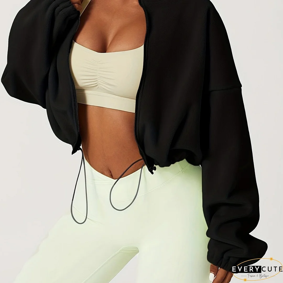 Zip Up Drop Shoulder Jacket, Casual Solid Long Sleeve Drawstring Crop Jacket For Fall, Women's Clothing