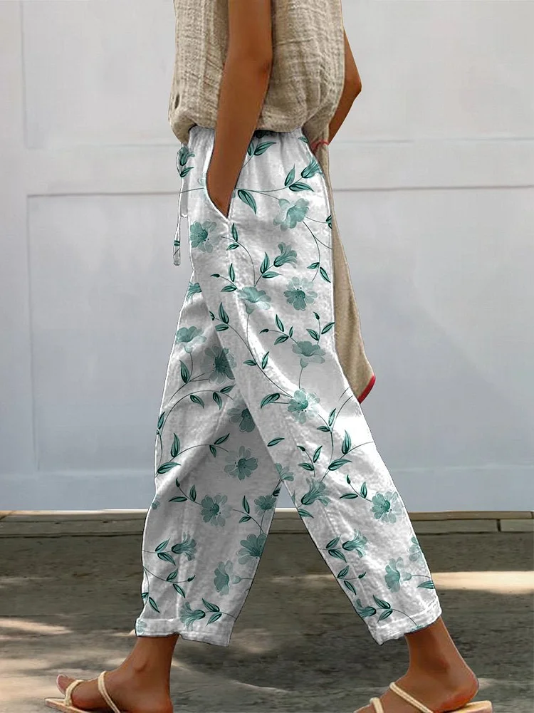 Green Spring Floral And Vine Pattern Printed Women's 100%Cotton Casual Pants