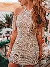 Beaded Decorate Off-The-Shoulder Tasseled Fashion Evening Mini Dress