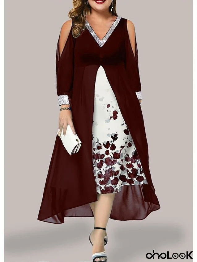 Women's Dress - Plus Size Party Dress Floral V Neck Sequins Long Sleeve Winter Fall Elegant Midi Dress Formal Party Dress / Slim / Print