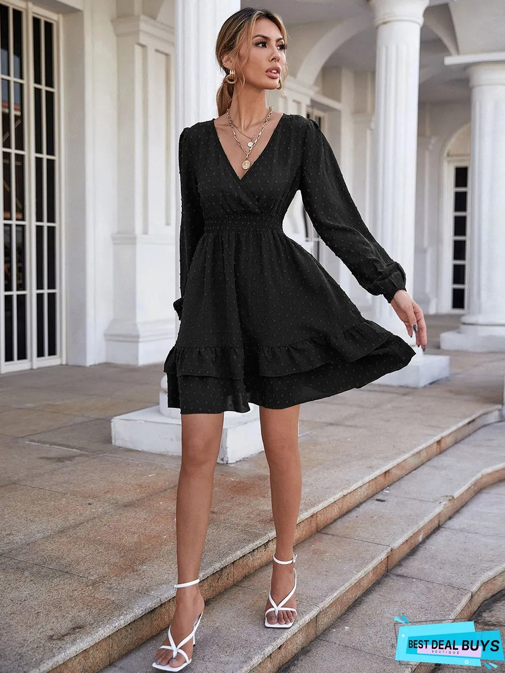 V-Neck Long-Sleeve Flounces Trim Commuter Dress For Women