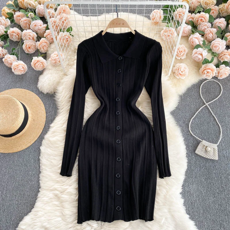 Croysier Autumn Clothes 2021 Fashion Women Polo Neck Long Sleeve Mini Dress Front Button Sexy Party Ribbed Knitted Bodycon Dress