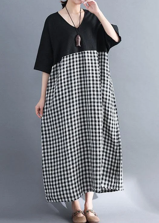 Loose v neck cotton clothes Women Shirts black patchwork Maxi Dresses summer