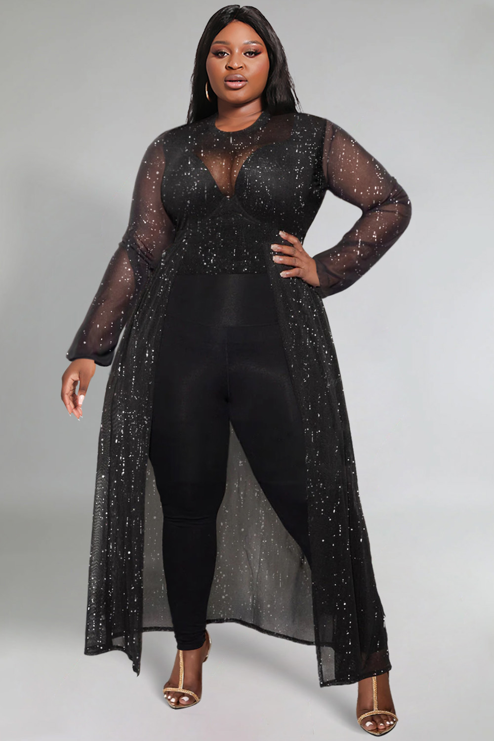 Design Plus Size Party Pant Set Black Glitter Long Sleeve See-Through Two Piece Pant Set