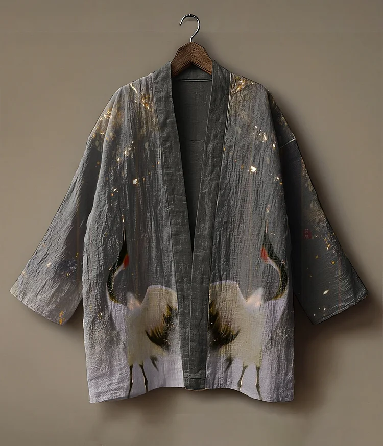 Abstract print embroidered linen cardigan kimono