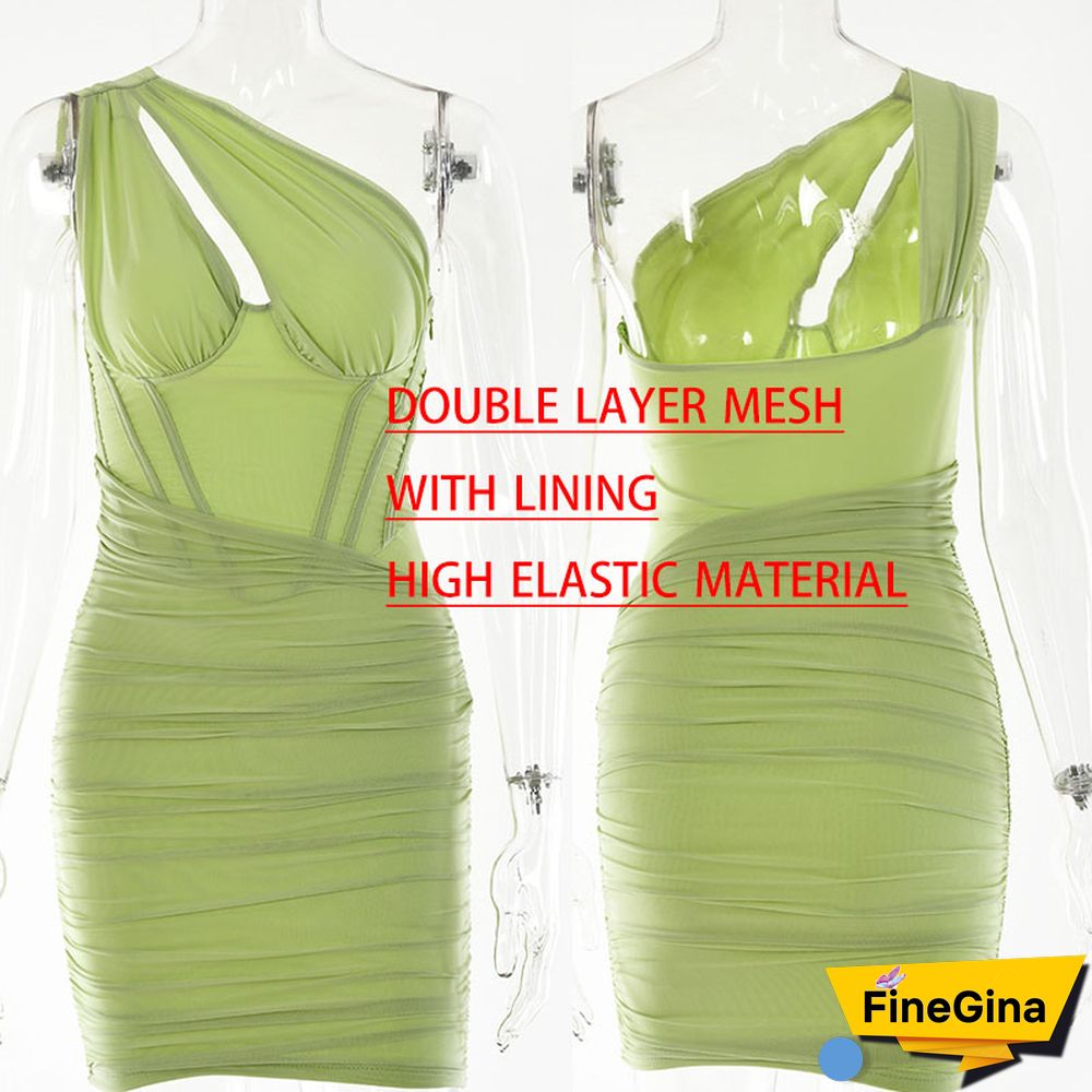 Avrilyaan One Shoulder Mesh Sexy Bodycon Dresses Women White Pleated Mini Summer Dress Vestidos Elegant Club Party Dresses