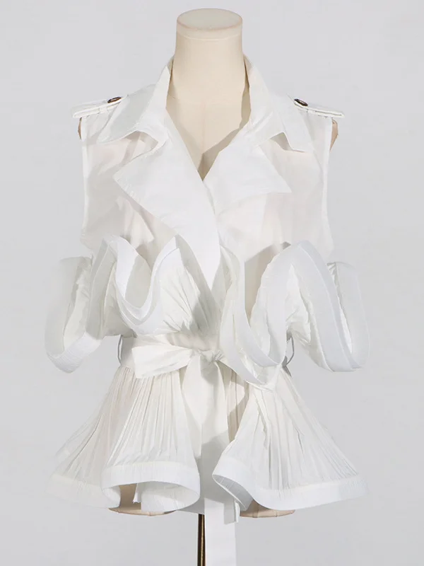 Loose Sleeveless Buttoned Pleated Ruffled Solid Color Tied Waist Notched Collar Blouses&Shirts Tops