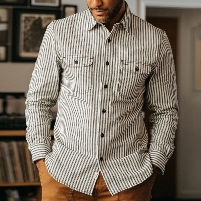 Men's Cotton Striped Single-Breasted Long-Sleeved Shirt