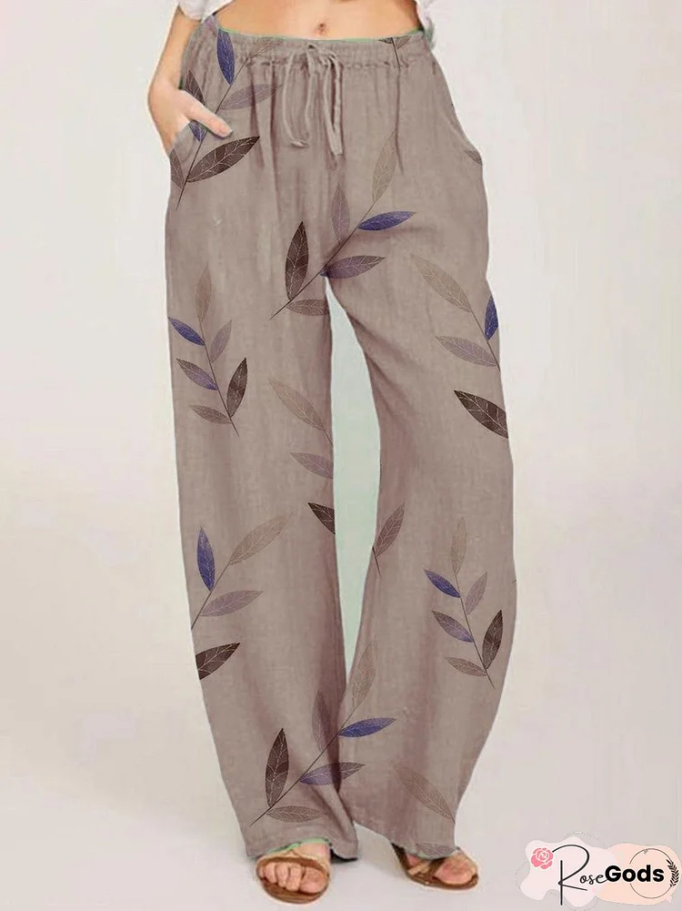 Cotton-Blend Floral-Print Leaves Pants