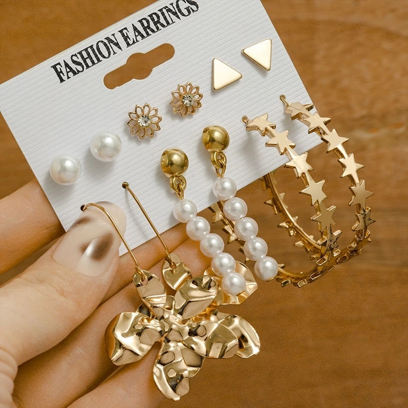 Hot Sale Retro Gold Geometric Ladies Earrings Set Fashion Pearl Earrings Earrings Diamond