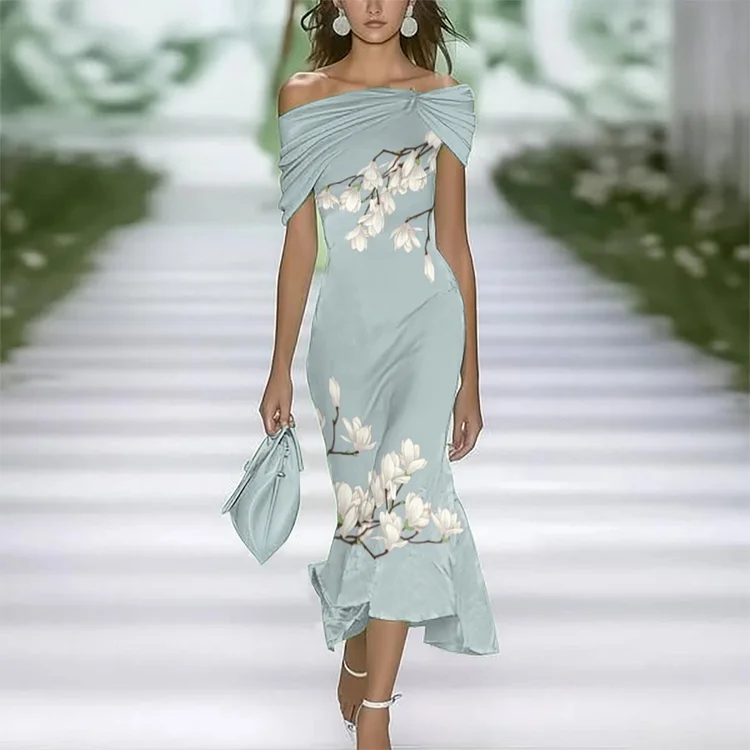 Elegant Spring and Summer Floral Print Off Shoulder Dress