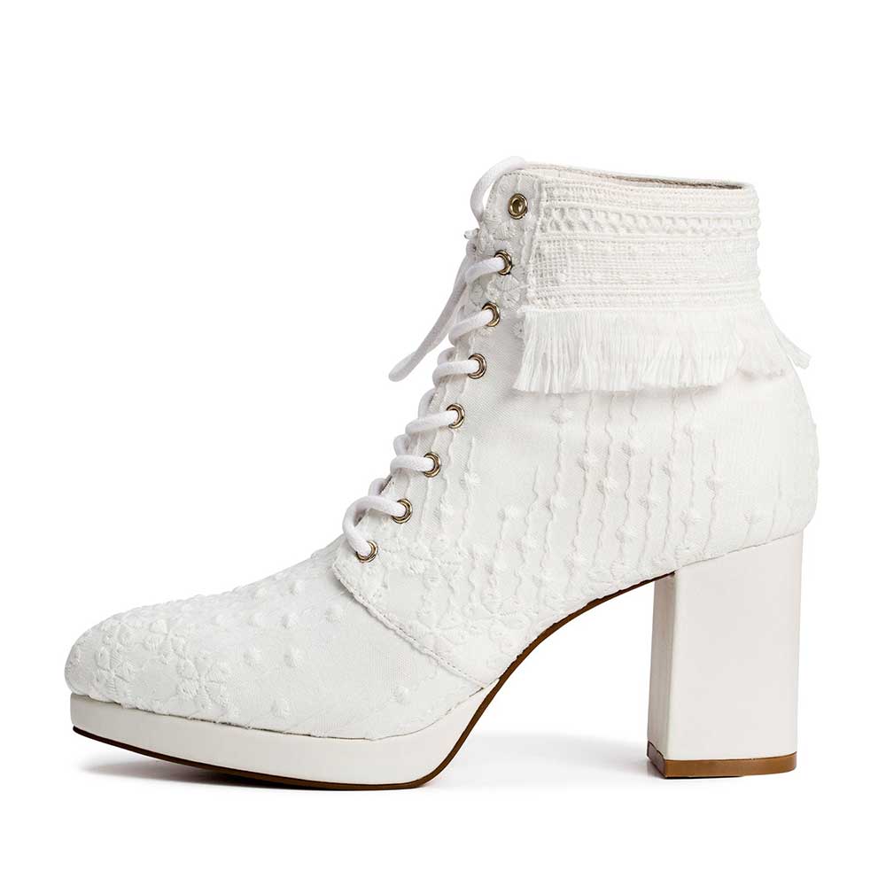 Ivory Round Toe 3'' Chunky Heel Lace Up Platform Ankle Boots Nicepairs