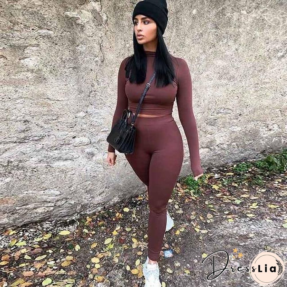 Winter Women Sport Fitness 2 Two Piece Set Outfits Long Sleeve Crop Tops Tshirt Leggings Pants Set Bodycon Tracksuit